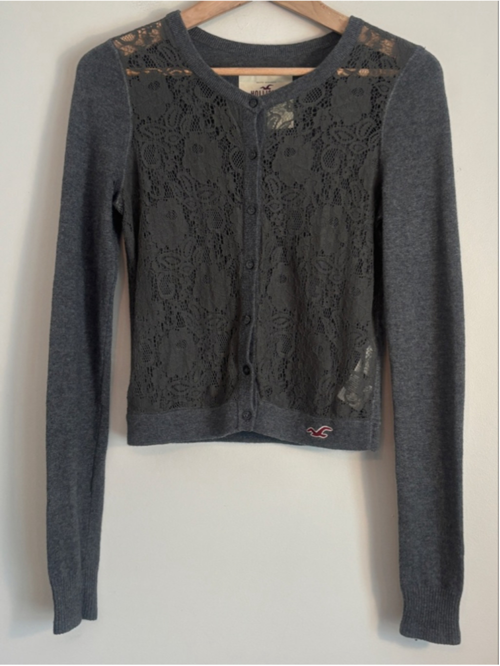 Vtg Y2K Hollister Gray Lace Front Knit Cardigan Sweater S Twilight Bella Swan - Picture 3 of 8
